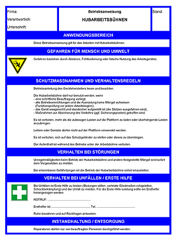 Betriebsanweisungen für Arbeitsmittel: Hubarbeitsbühnen