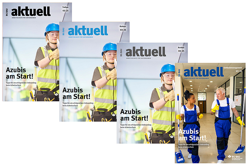 Collage der Titelbilder von BG BAU aktuell 3-2025