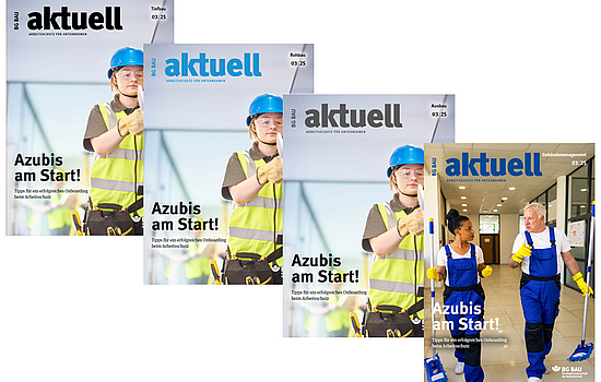 Collage der Titelbilder von BG BAU aktuell 3-2025