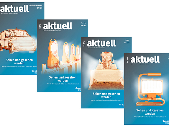 Vier Titelbilder von  BG BAU aktuell 4-2023, Ausgaben Rohbau, Tiefbau, Ausbau, Gebäudemanagement.