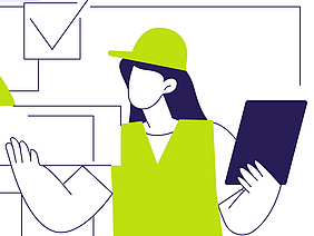 Illustration zeigt eine Frau mit Bauhelm, die in der einen Hand ein Dokument und in der anderen Hand ein Tablet h&auml;lt.