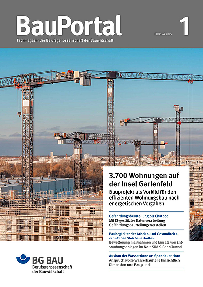 Titelseite der Zeitschrift BauPortal 1-2025 mit dem Titelmotiv, das Kräne auf einer Baustelle auf der Insel Gartenfeld zeigt.