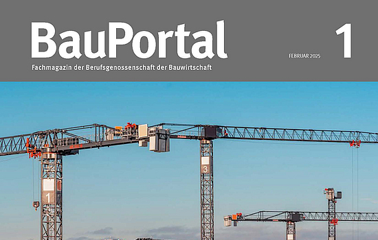 Titelseite der Zeitschrift BauPortal 1-2025 mit dem Titelmotiv, das Kräne auf einer Baustelle auf der Insel Gartenfeld zeigt.