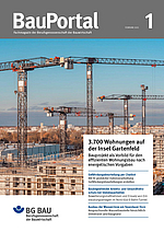 Titelseite der Zeitschrift BauPortal 1-2025 mit dem Titelmotiv, das Kräne auf einer Baustelle auf der Insel Gartenfeld zeigt.