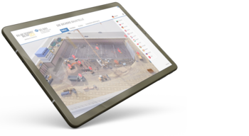 Tablet mit der interaktiven Anwendung "Die sichere Baustelle" und dem Hinweis "Klick"