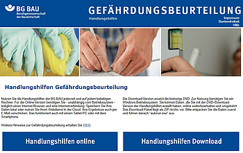 Startbild der BG BAU Handlungshilfen zur Gefährdungsbeurteilung - online und offline