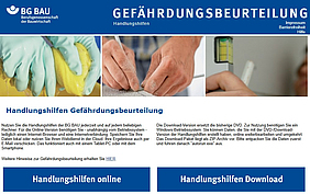 Startbild der BG BAU Handlungshilfen zur Gefährdungsbeurteilung - online und offline