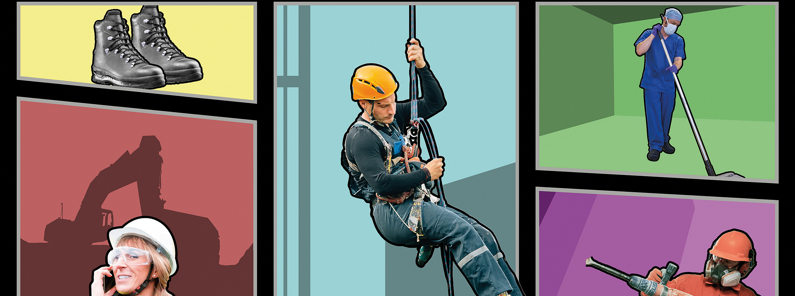 Das Bild zeigt eine bunte Collage von Bauarbeiterinnen und Bauarbeitern mit Schutzkleidung bei verschiedenen Tätigkeiten, ergänzt durch Sicherheitssymbole wie Handschuhe, Schutzschuhe und Gehörschutz, sowie den zentral platzierten Slogan „einfach safe arbeiten“.