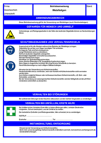 Betriebsanweisungen für Arbeitsmittel: Metallsäge