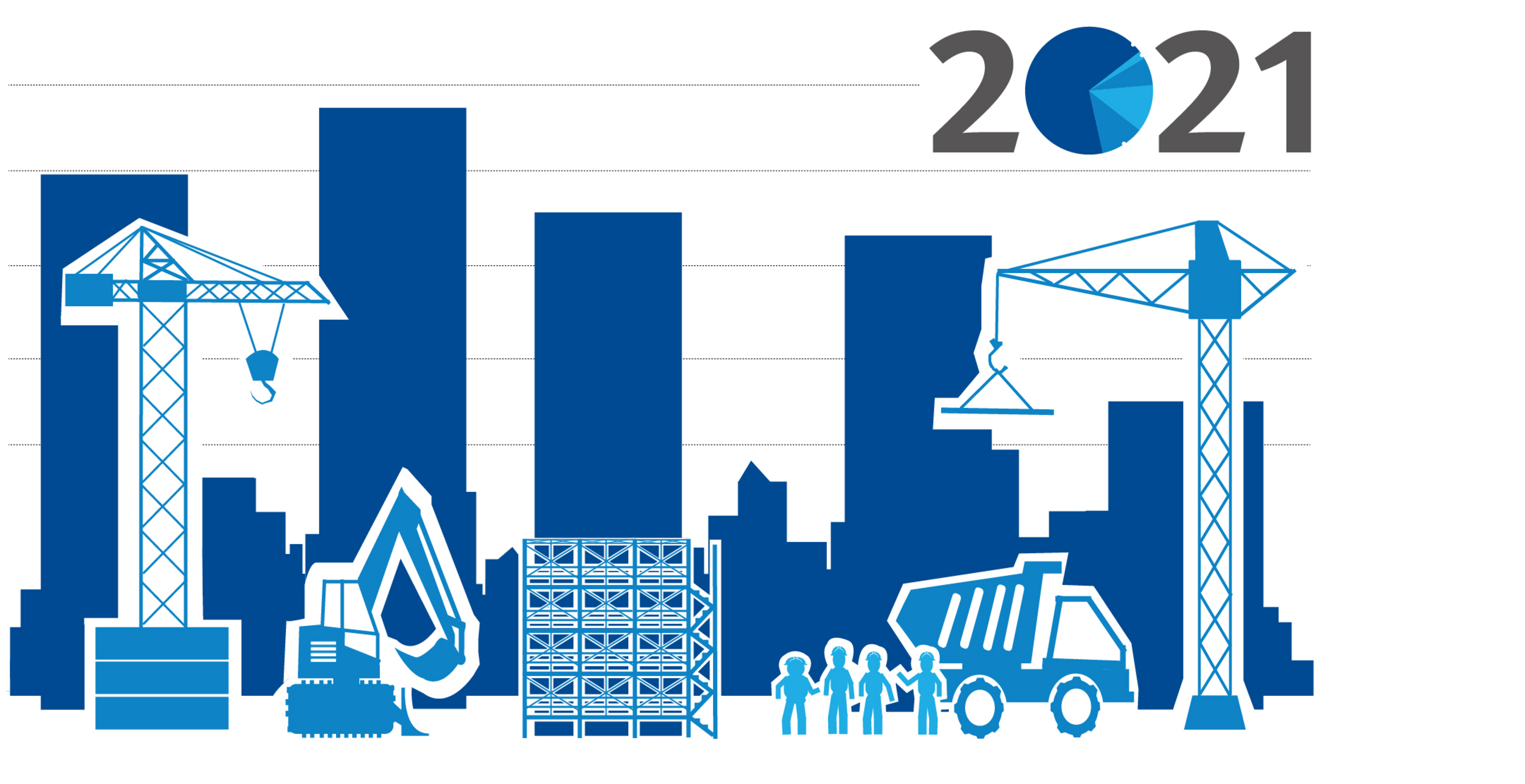 Grafik zeigt eine Baustelle mit Baumaschinen und Bauarbeitern. Im Hintergrund ist ein Balkendiagramm dargestellt.