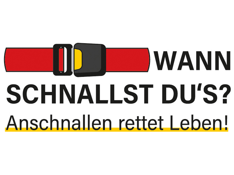 Roter, geschlossener Gurt neben dem Claim „WANN SCHNALLST DU’S?“