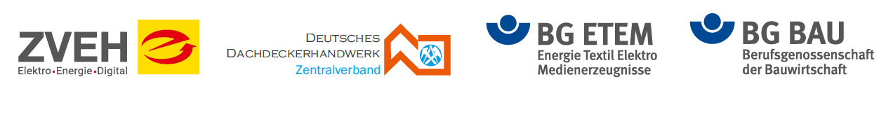 Logos des Zentralverbandes der Deutschen Elektro- und Informationstechnischen Handwerke (ZVEH), des Zentralverbandes des Deutschen Dachdeckerhandwerks (ZVDH), der Berufsgenossenschaft für Energie Textil Elektro Medienerzeugnisse (BG ETEM) und der Berufsgenossenschaft der Bauwirtschaft (BG BAU).